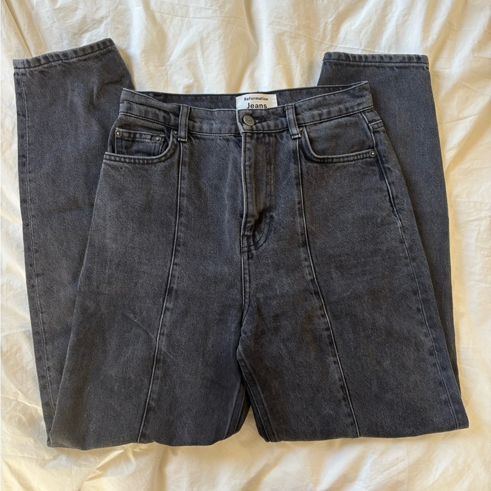 Reformation Gray Straight Line Jeans with Detail